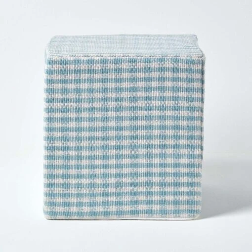 Blue Gingham Check Cotton Cube Pouffe 36 X 36 X 38 Cm -Best Homeware Store sf1531 01