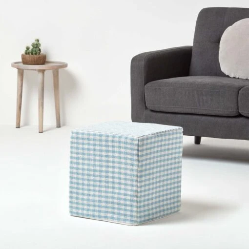 Blue Gingham Check Cotton Cube Pouffe 36 X 36 X 38 Cm -Best Homeware Store sf1531 02