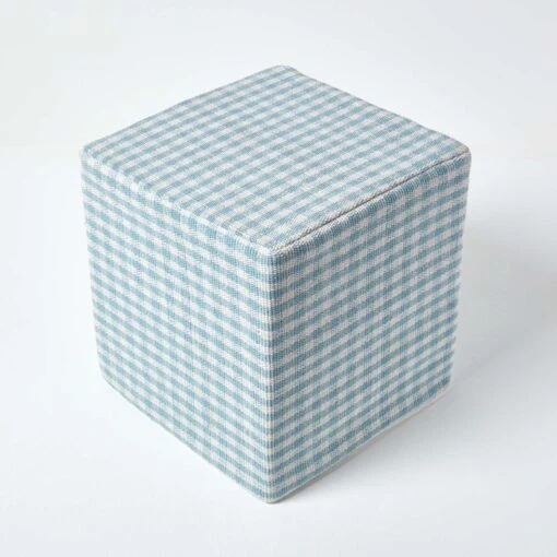 Blue Gingham Check Cotton Cube Pouffe 36 X 36 X 38 Cm -Best Homeware Store sf1531 03