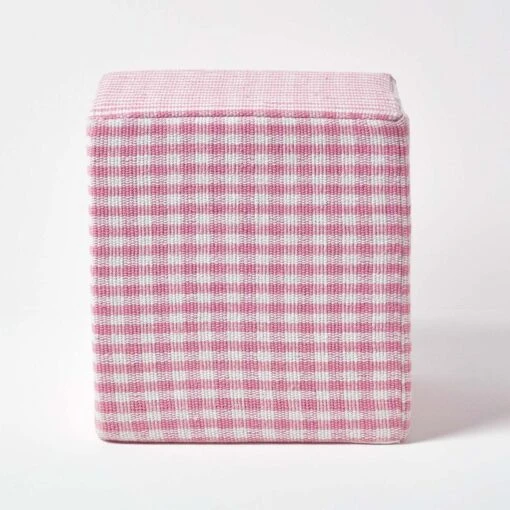 Pink Gingham Check Cotton Cube Pouffe 36 X 36 X 38 Cm -Best Homeware Store sf1533 01