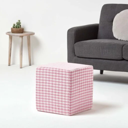 Pink Gingham Check Cotton Cube Pouffe 36 X 36 X 38 Cm -Best Homeware Store sf1533 02