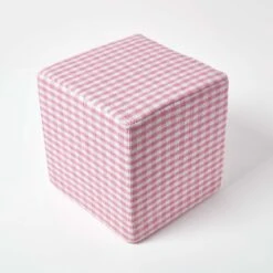 Pink Gingham Check Cotton Cube Pouffe 36 X 36 X 38 Cm -Best Homeware Store sf1533 03