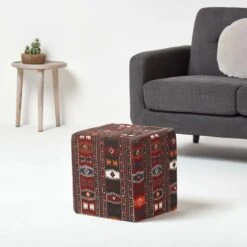 Multicolour Kilim Print Cotton Cube Pouffe 36 X 36 X 38 Cm -Best Homeware Store sf1534 02