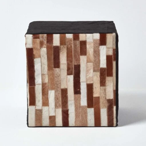 Brown And Black Patchwork Cube Pouffe Suede Leather 36 X 36 X 38 Cm -Best Homeware Store sf1536 01