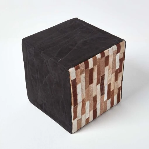 Brown And Black Patchwork Cube Pouffe Suede Leather 36 X 36 X 38 Cm -Best Homeware Store sf1536 03