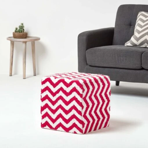 Red And White Chevron Design Cube Pouffe Tufted Cotton 36 X 36 X 38 Cm -Best Homeware Store sf1539 02