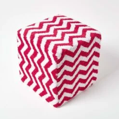 Red And White Chevron Design Cube Pouffe Tufted Cotton 36 X 36 X 38 Cm -Best Homeware Store sf1539 03