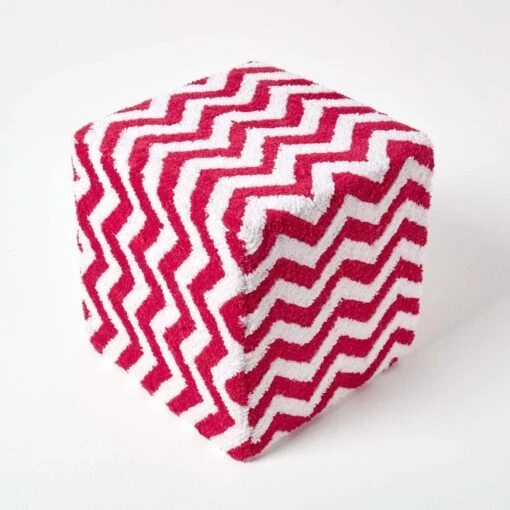 Red And White Chevron Design Cube Pouffe Tufted Cotton 36 X 36 X 38 Cm -Best Homeware Store sf1539 03