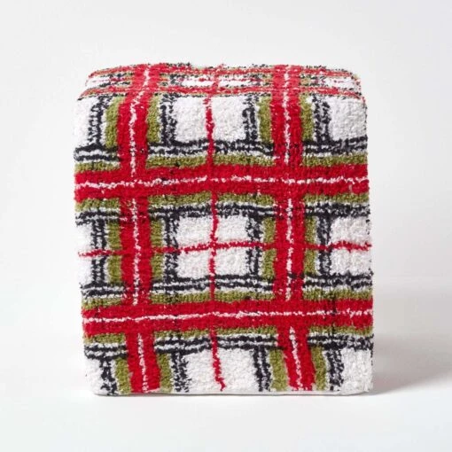 Red And White Tartan Pattern Tufted Cotton Cube Pouffe 36 X 36 X 38 Cm -Best Homeware Store sf1540 01