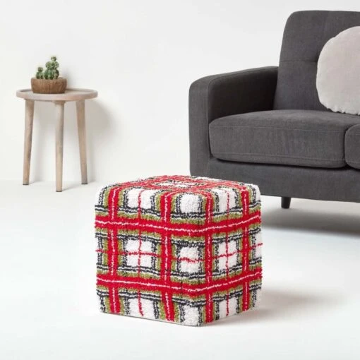 Red And White Tartan Pattern Tufted Cotton Cube Pouffe 36 X 36 X 38 Cm -Best Homeware Store sf1540 02