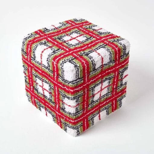 Red And White Tartan Pattern Tufted Cotton Cube Pouffe 36 X 36 X 38 Cm -Best Homeware Store sf1540 03