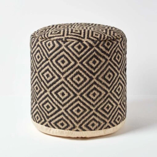 Black And Cream Aztec Style Jute Footstool Beanbag Round 45 X 40 Cm -Best Homeware Store sf1558 01