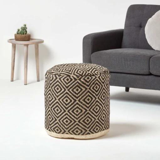 Black And Cream Aztec Style Jute Footstool Beanbag Round 45 X 40 Cm -Best Homeware Store sf1558 02