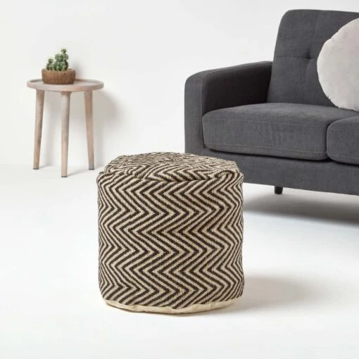 Black And Cream Chevron Pattern Circular Pouffe -Best Homeware Store sf1560 02