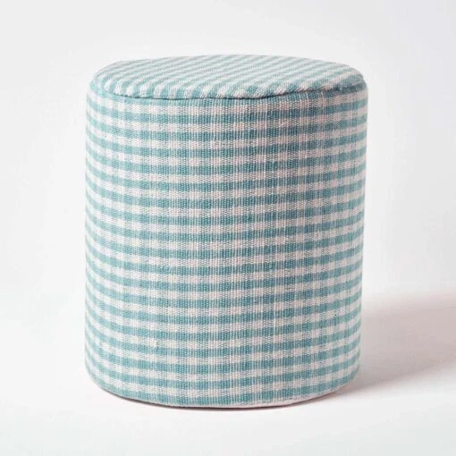 Blue Gingham Check Round Pouffe Cotton 40 X 42 Cm -Best Homeware Store sf1565 1