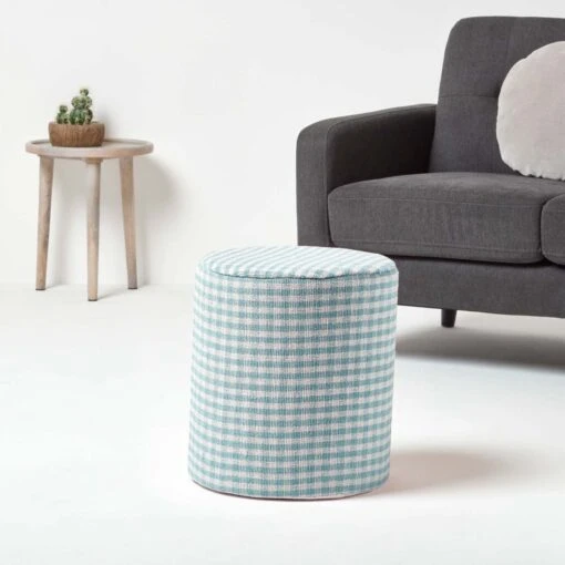 Blue Gingham Check Round Pouffe Cotton 40 X 42 Cm -Best Homeware Store sf1565 2