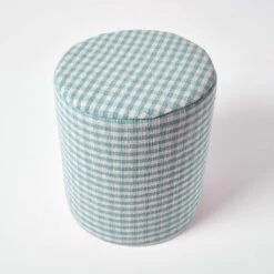 Blue Gingham Check Round Pouffe Cotton 40 X 42 Cm -Best Homeware Store sf1565 3