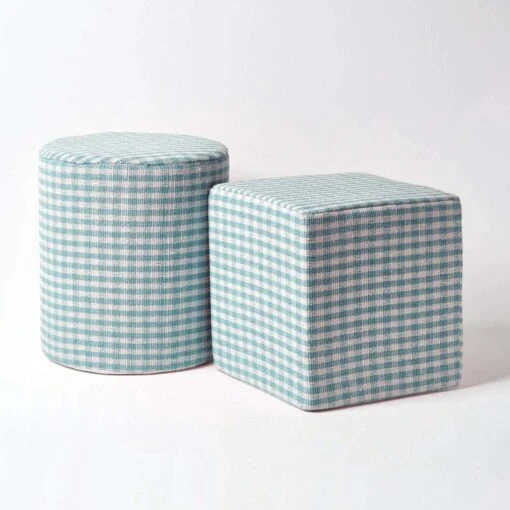 Blue Gingham Check Round Pouffe Cotton 40 X 42 Cm -Best Homeware Store sf1565 5