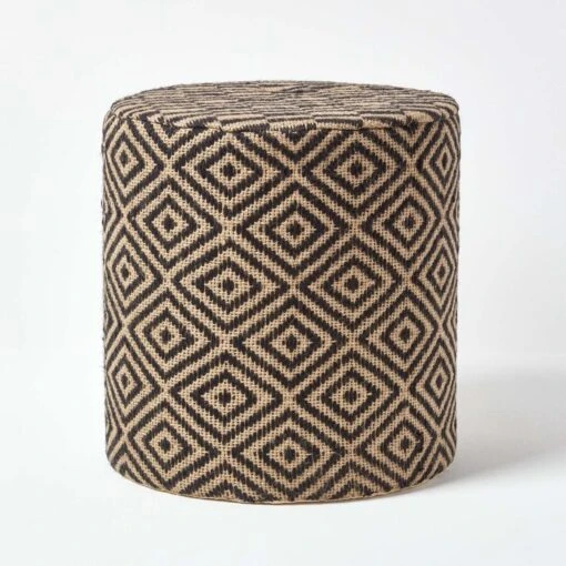 Jute Round Pouffe Black And Off-White Herringbone Pattern, 40 X 40 X 42 Cm -Best Homeware Store sf1568 01