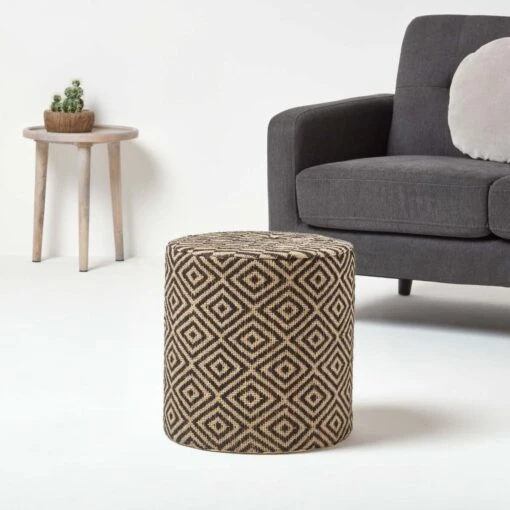 Jute Round Pouffe Black And Off-White Herringbone Pattern, 40 X 40 X 42 Cm -Best Homeware Store sf1568 02