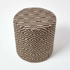 Jute Round Pouffe Black And Off-White Herringbone Pattern, 40 X 40 X 42 Cm -Best Homeware Store sf1568 03