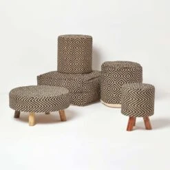 Jute Round Pouffe Black And Off-White Herringbone Pattern, 40 X 40 X 42 Cm -Best Homeware Store sf1568 05