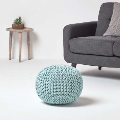 Pastel Blue Round Cotton Knitted Pouffe Footstool -Best Homeware Store sf1570 02