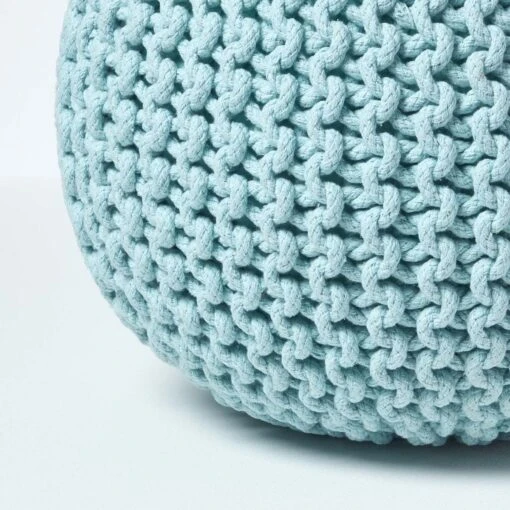 Pastel Blue Round Cotton Knitted Pouffe Footstool -Best Homeware Store sf1570 04