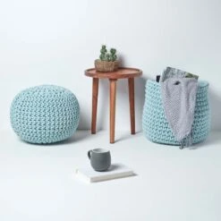 Pastel Blue Round Cotton Knitted Pouffe Footstool -Best Homeware Store sf1570 06