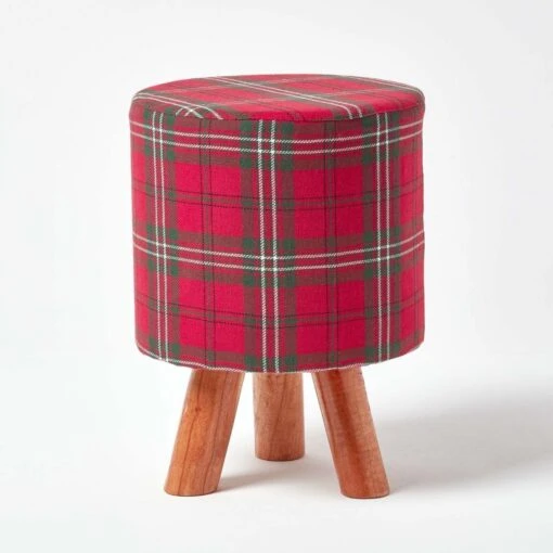 Red Tartan Fabric Footstool With Wooden Legs -Best Homeware Store sf1572 01