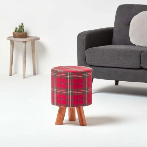 Red Tartan Fabric Footstool With Wooden Legs -Best Homeware Store sf1572 02