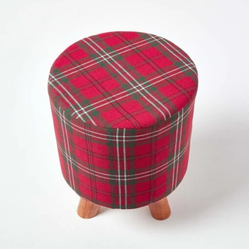 Red Tartan Fabric Footstool With Wooden Legs -Best Homeware Store sf1572 03