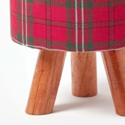 Red Tartan Fabric Footstool With Wooden Legs -Best Homeware Store sf1572 04