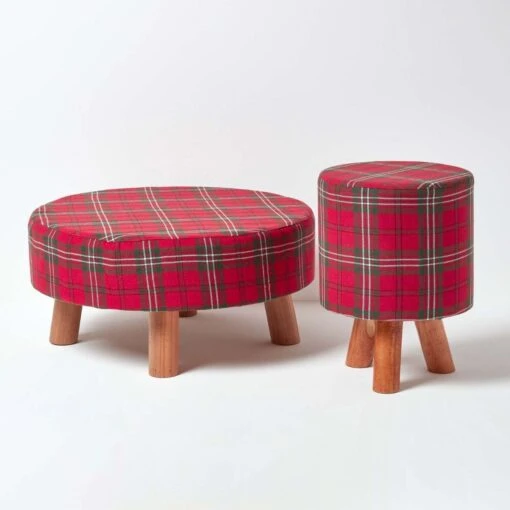 Red Tartan Fabric Footstool With Wooden Legs -Best Homeware Store sf1572 05