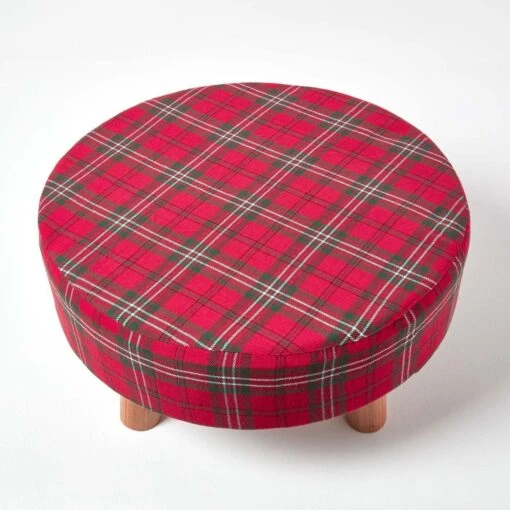 Traditional Red, Green And White Tartan Flat Footstool With Legs -Best Homeware Store sf1573 03