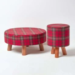 Traditional Red, Green And White Tartan Flat Footstool With Legs -Best Homeware Store sf1573 05