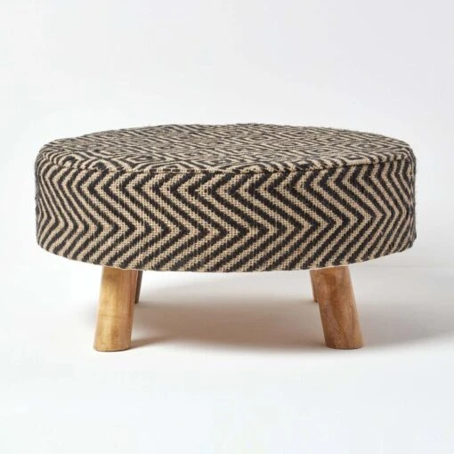 Black And Natural Circular Footstool With Diamond Pattern -Best Homeware Store sf1577 01