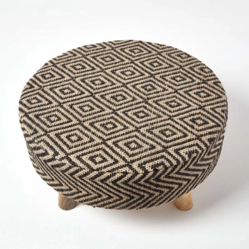 Black And Natural Circular Footstool With Diamond Pattern -Best Homeware Store sf1577 03