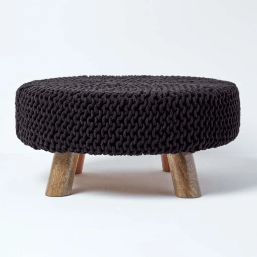 Black Large Round Cotton Knitted Footstool On Legs -Best Homeware Store sf1582 1