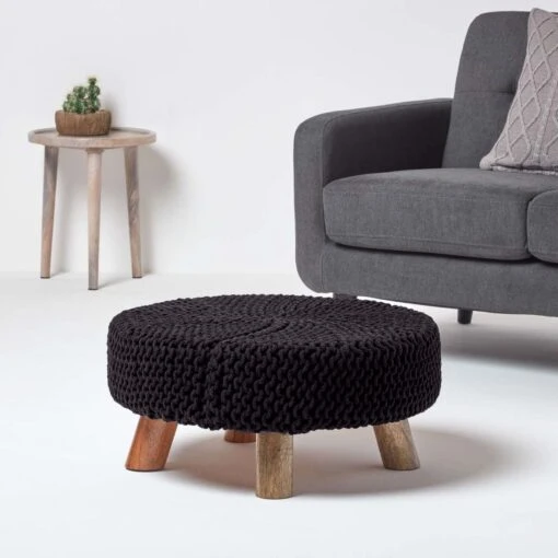 Black Large Round Cotton Knitted Footstool On Legs -Best Homeware Store sf1582 2