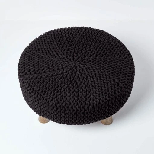 Black Large Round Cotton Knitted Footstool On Legs -Best Homeware Store sf1582 3