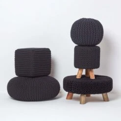 Black Large Round Cotton Knitted Footstool On Legs -Best Homeware Store sf1582 5