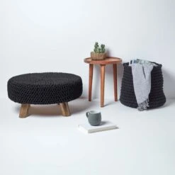 Black Large Round Cotton Knitted Footstool On Legs -Best Homeware Store sf1582 6