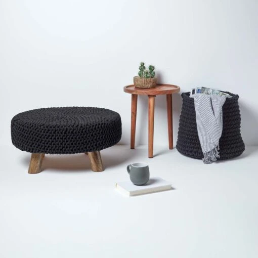 Black Large Round Cotton Knitted Footstool On Legs -Best Homeware Store sf1582 6