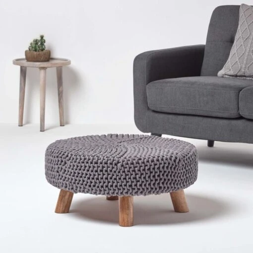 Sea Grey Large Round Cotton Knitted Footstool On Legs -Best Homeware Store sf1584 02