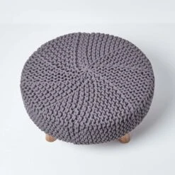 Sea Grey Large Round Cotton Knitted Footstool On Legs -Best Homeware Store sf1584 03