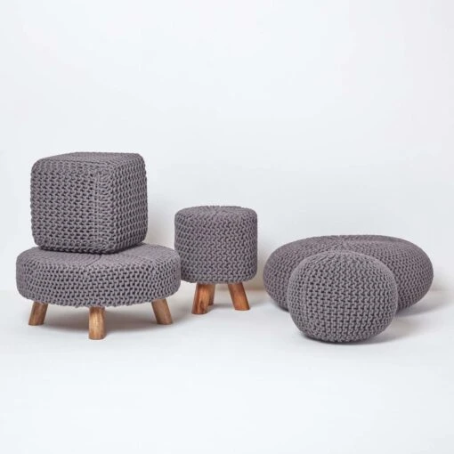 Sea Grey Large Round Cotton Knitted Footstool On Legs -Best Homeware Store sf1584 05