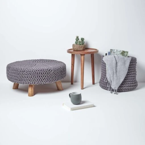 Sea Grey Large Round Cotton Knitted Footstool On Legs -Best Homeware Store sf1584 06