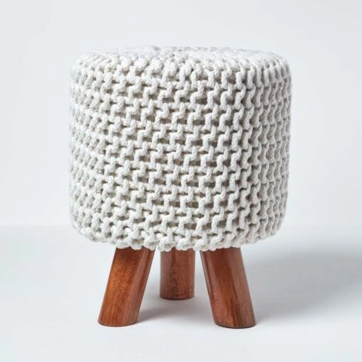 Natural Tall Cotton Knitted Footstool On Legs -Best Homeware Store sf1585 01