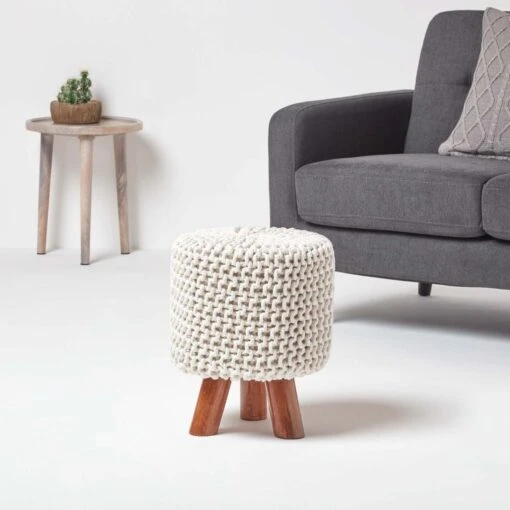 Natural Tall Cotton Knitted Footstool On Legs -Best Homeware Store sf1585 02